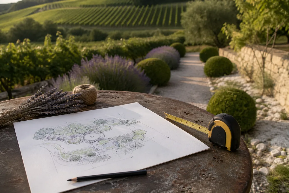 Plan de plantation dessiné à la main posé sur une table de jardin avec un mètre ruban