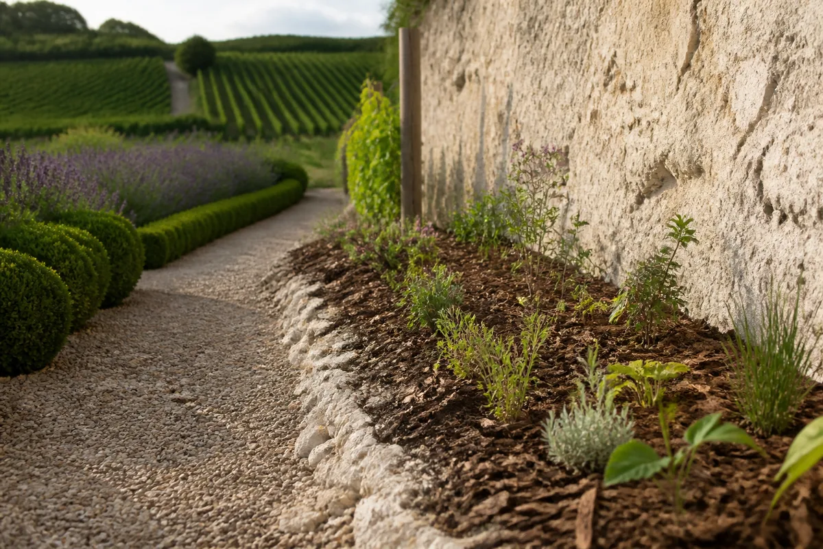 Jeune massif de vivaces fraîchement planté et paillé au pied d’un mur de craie