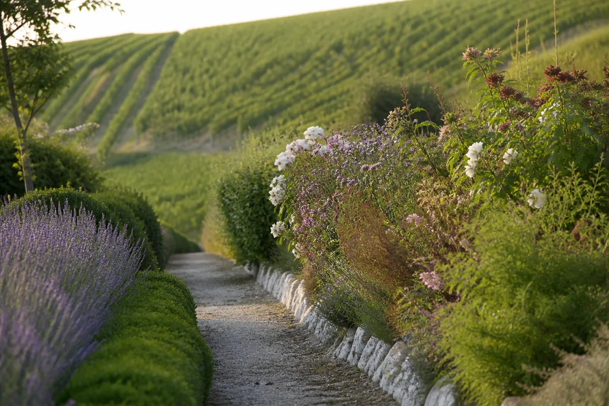 Haie mélangée d&rsquo;essences locales en fleurs le long d&rsquo;un chemin de campagne