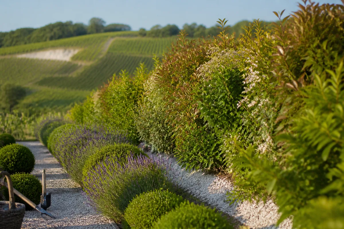 Taille d&rsquo;entretien d&rsquo;une haie mélangée à hauteur d&rsquo;homme en bordure de jardin