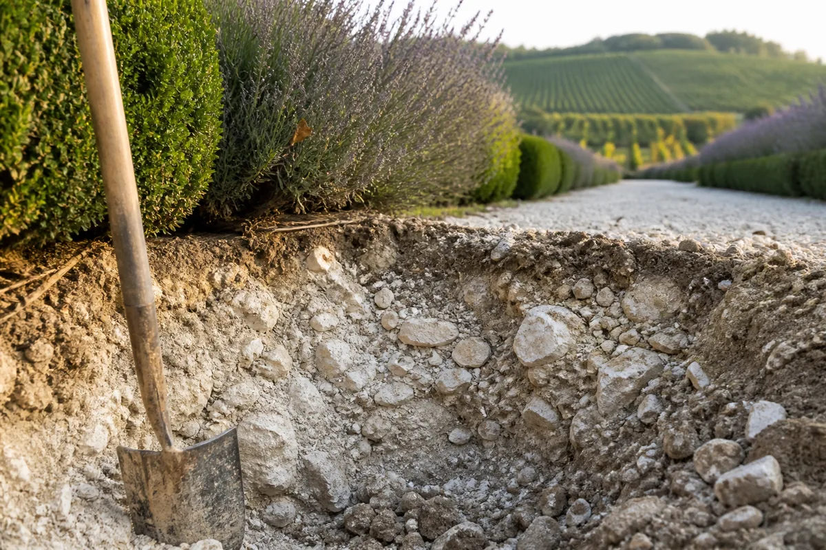 Profil de sol crayeux ouvert à la bêche, terre claire mêlée de cailloux de craie