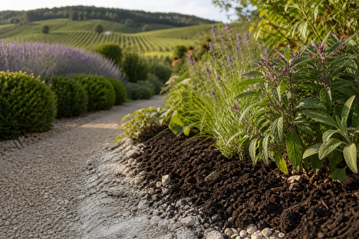 Compost mûr épandu en surface au pied d&rsquo;un massif de vivaces sur terre claire