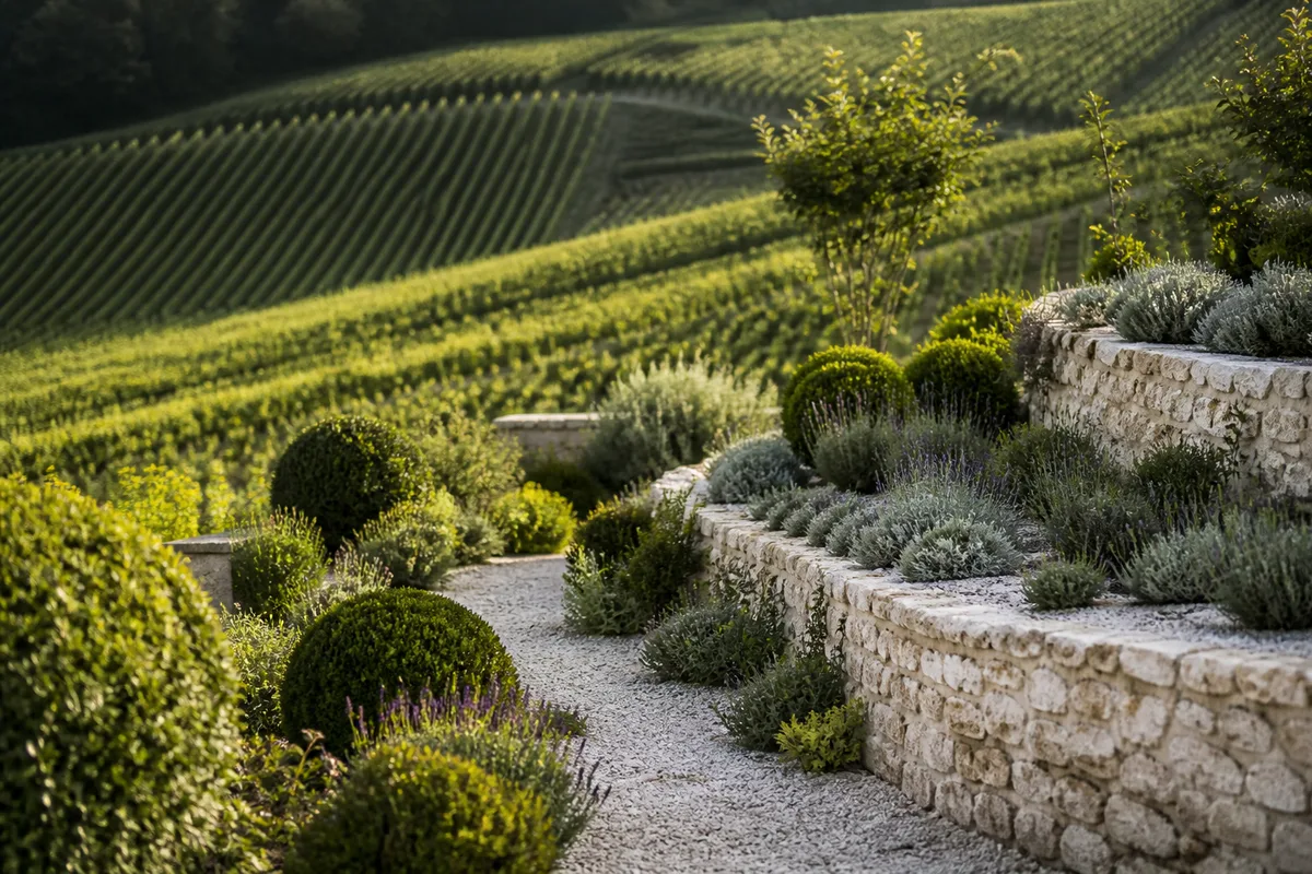 Coteau de vignes champenois surplombant un jardin en terrasses aux murets de craie