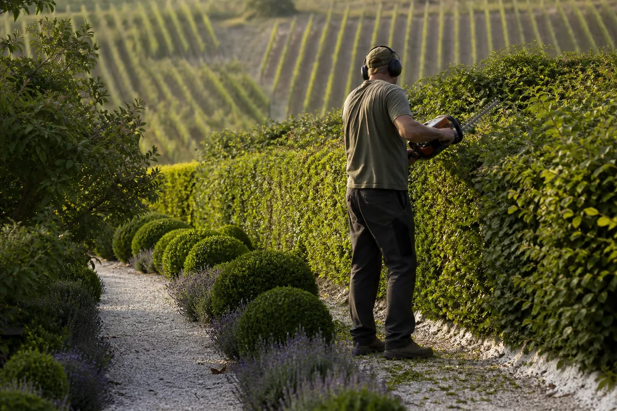 Jardinier taillant une haie de charmes en bordure d&rsquo;un jardin de village champenois